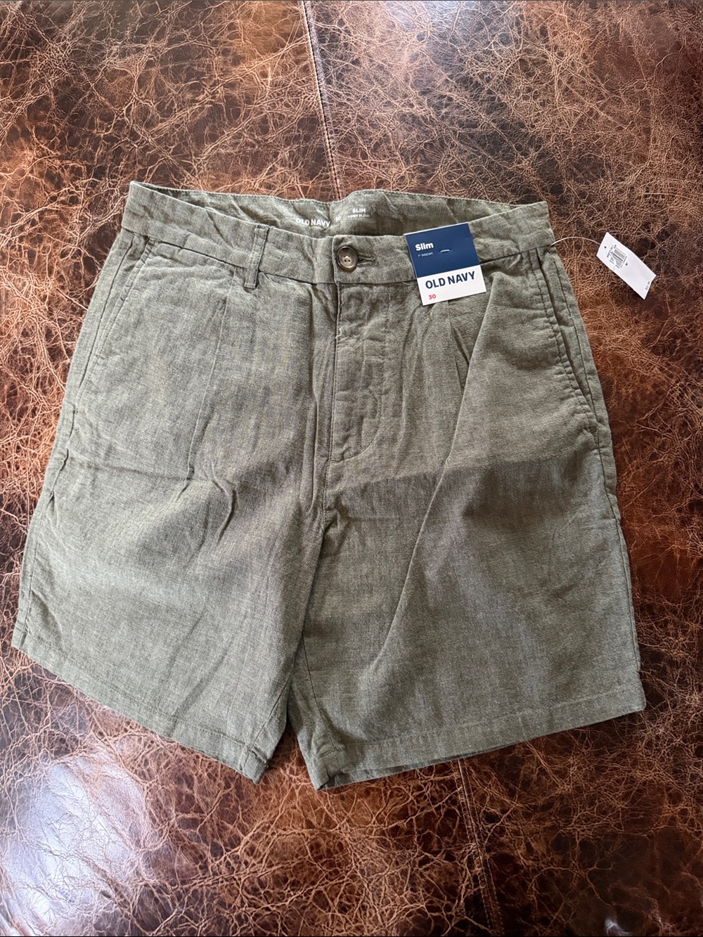 Old Navy Men's Slim Olive Green Linen-Blend Flat Front Shorts